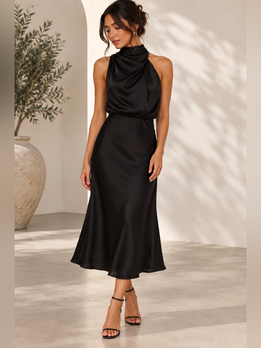 Petal & Pup Black Satin High-Neck Sleeveless Midi Dress